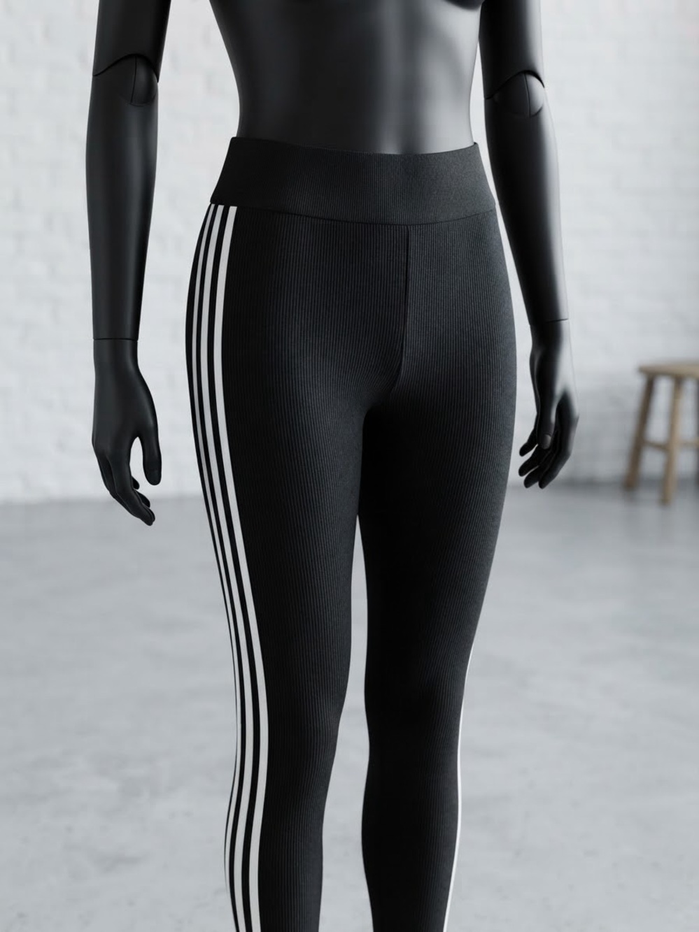 Express Black Ribbed Leggings with White Triple Side Stripes